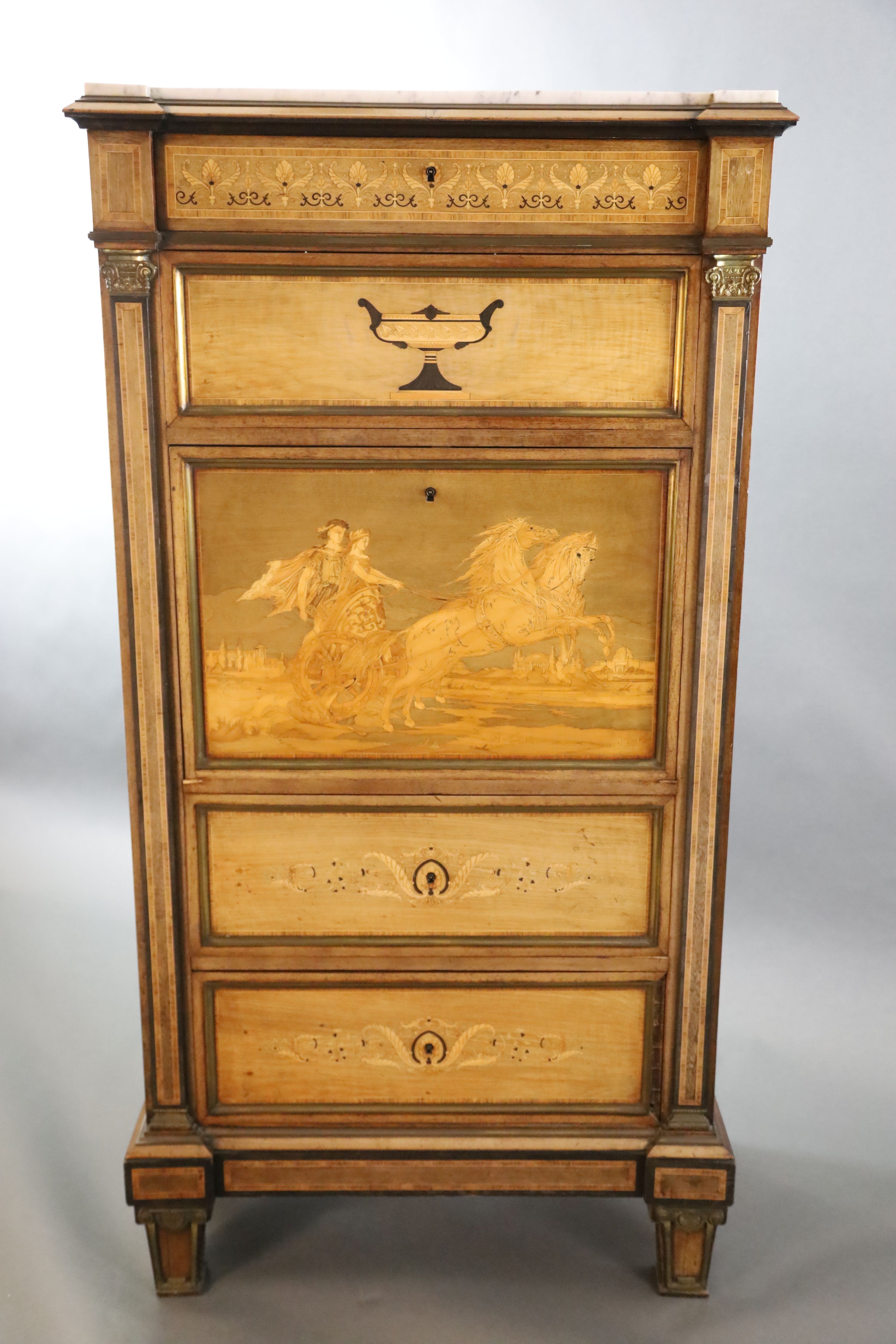 A 19th century French Louis XVI style ormolu mounted parquetry, mahogany secretaire à abbatant, W.2ft 7.5in. D.1ft 4in. H.5ft